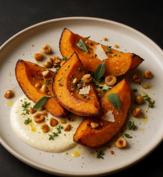 Courge rôtie au miel et au romarin, yaourt grec aux gingembre, crumble graine de courge
